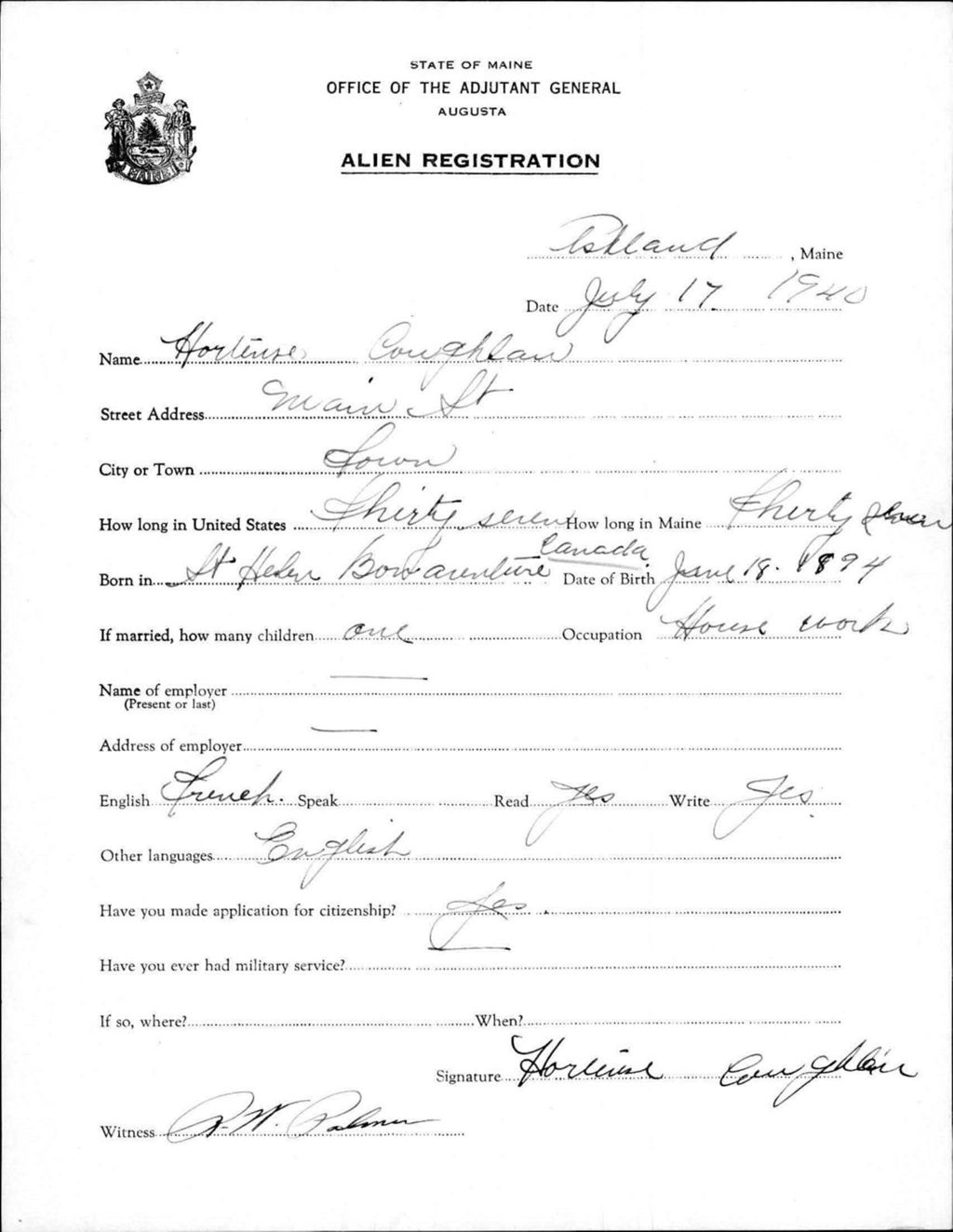 Miniature of Alien Registration- Coughlan, Hortense (Ashland, Aroostook County)