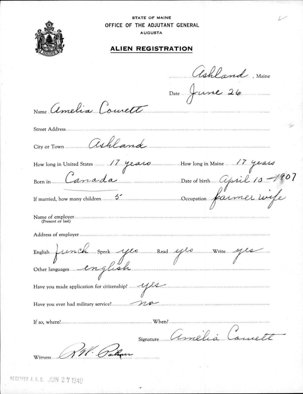 Miniature of Alien Registration- Cowett, Amelia (Ashland, Aroostook County)