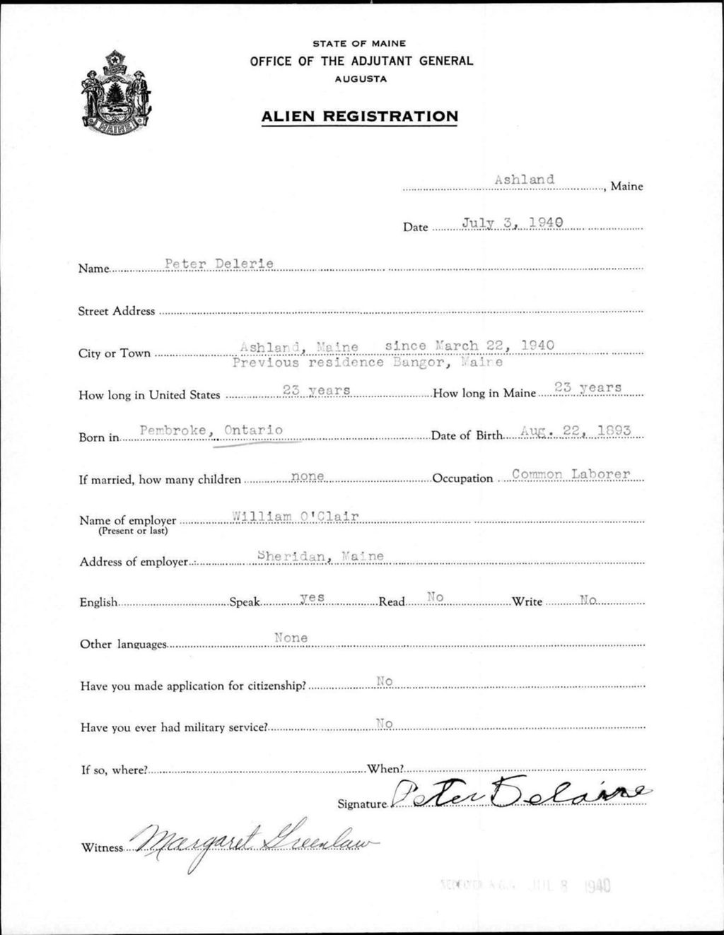 Miniature of Alien Registration- Delerie, Peter (Ashland, Aroostook County)