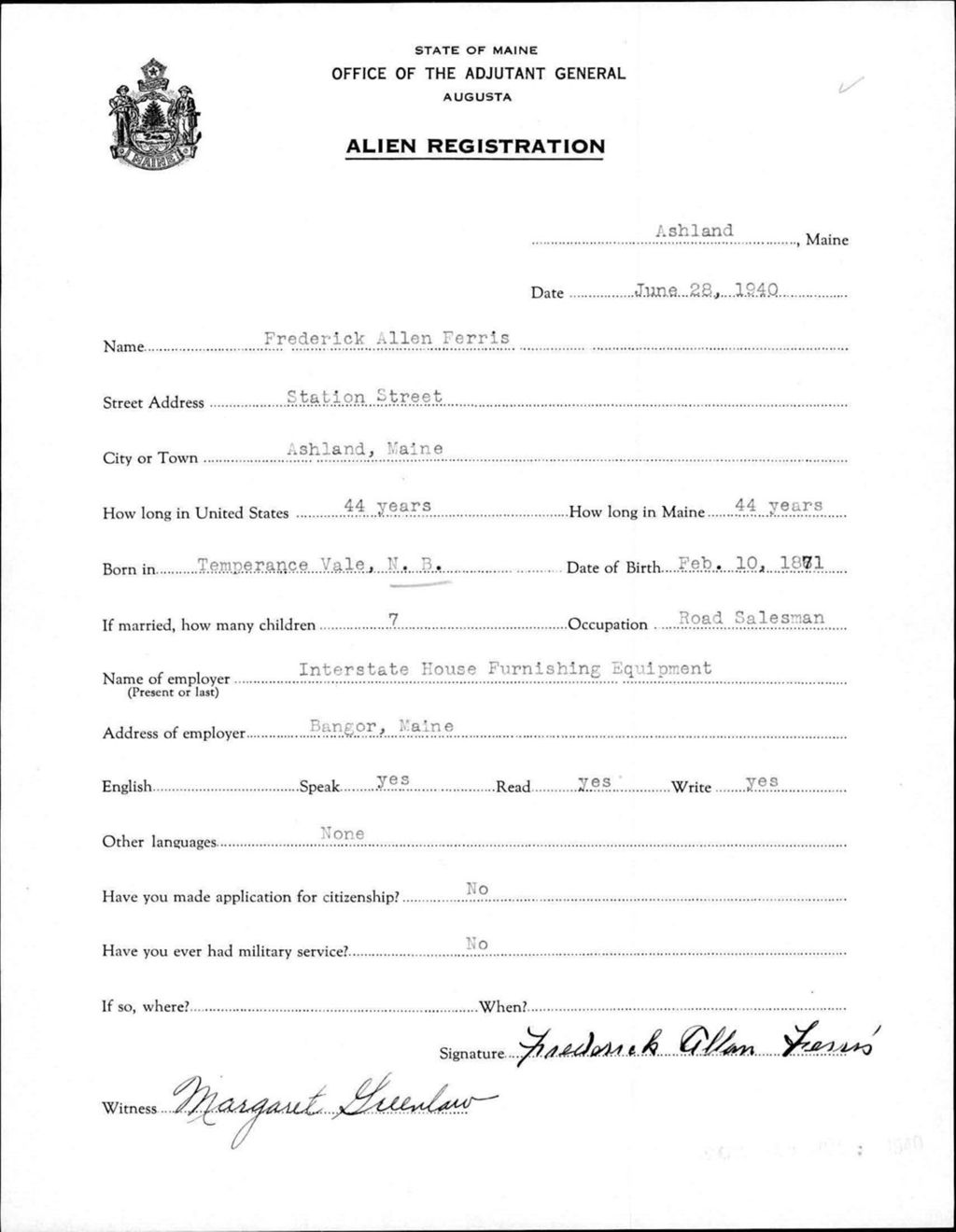 Miniature of Alien Registration- Ferris, Frederick A. (Ashland, Aroostook County)