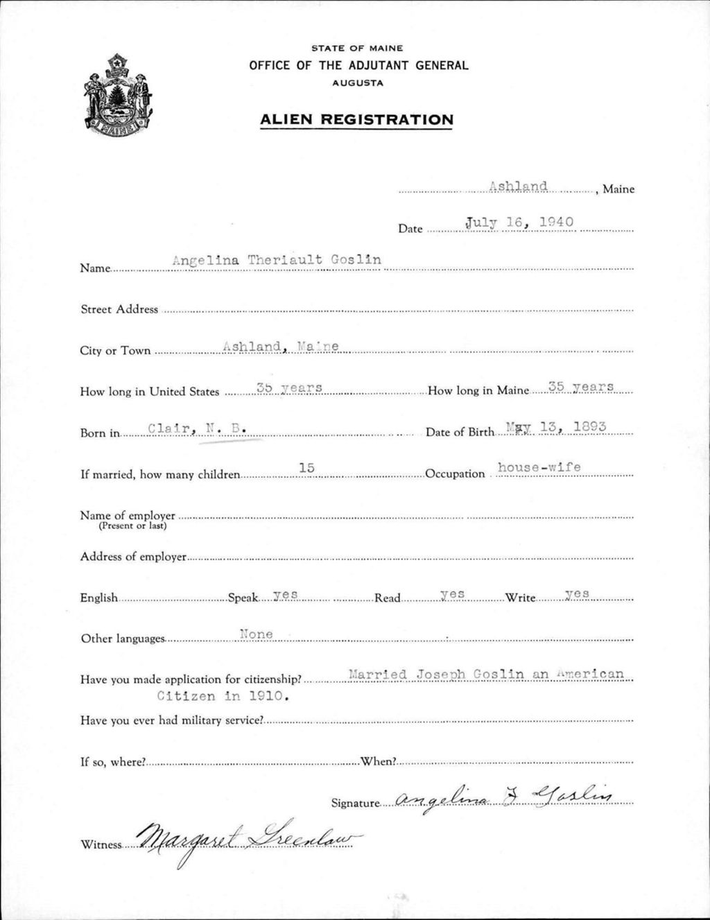 Miniature of Alien Registration- Theriault, Angelina (Ashland, Aroostook County)