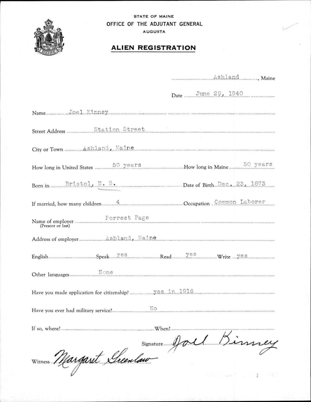 Miniature of Alien Registration- Kinney, Joel (Ashland, Aroostook County)