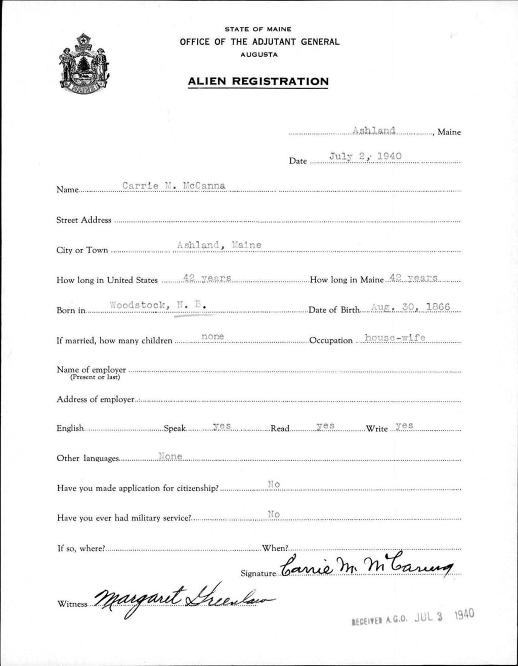 Miniature of Alien Registration- Mccanna, Carrie M. (Ashland, Aroostook County)