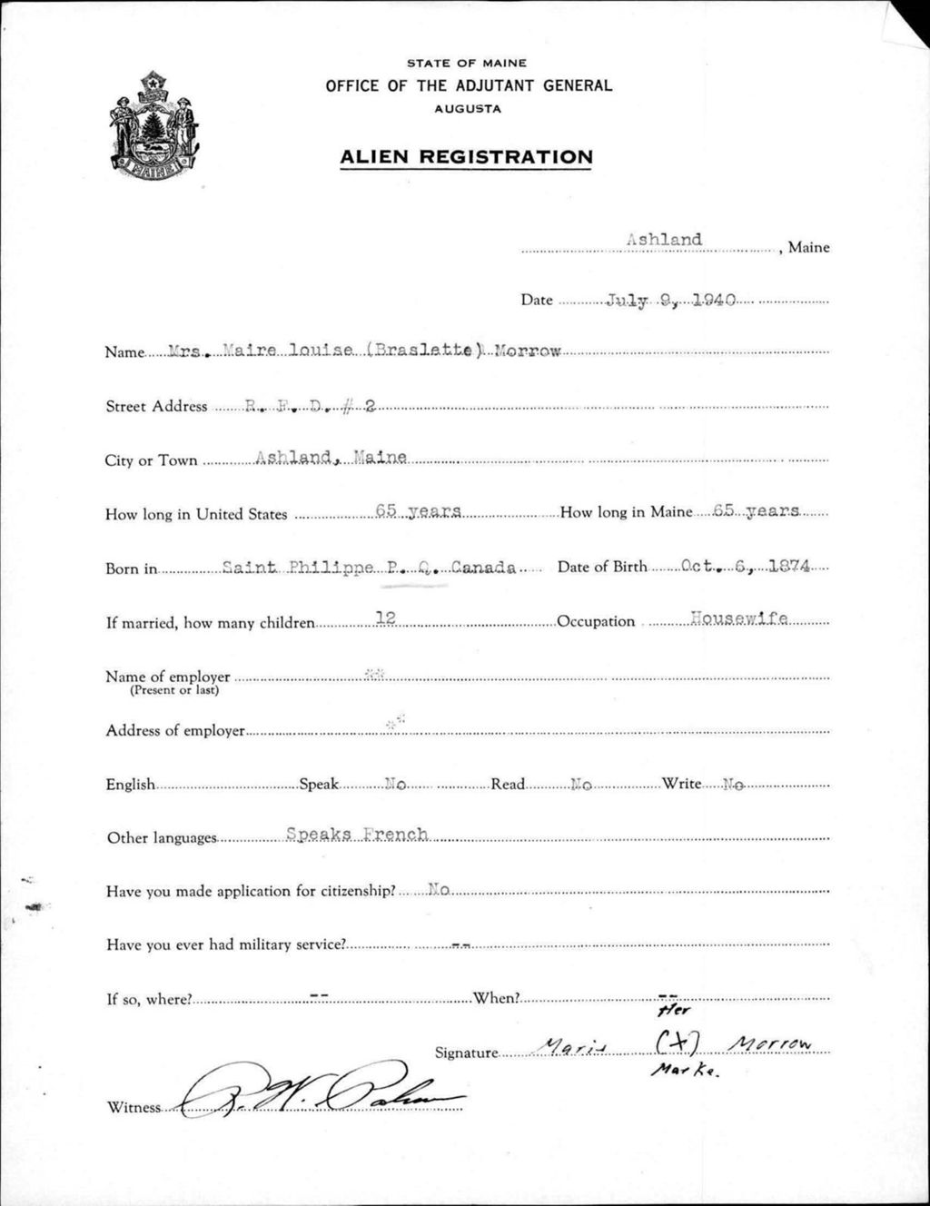 Miniature of Alien Registration- Braslette, Marie L. (Ashland, Aroostook County)