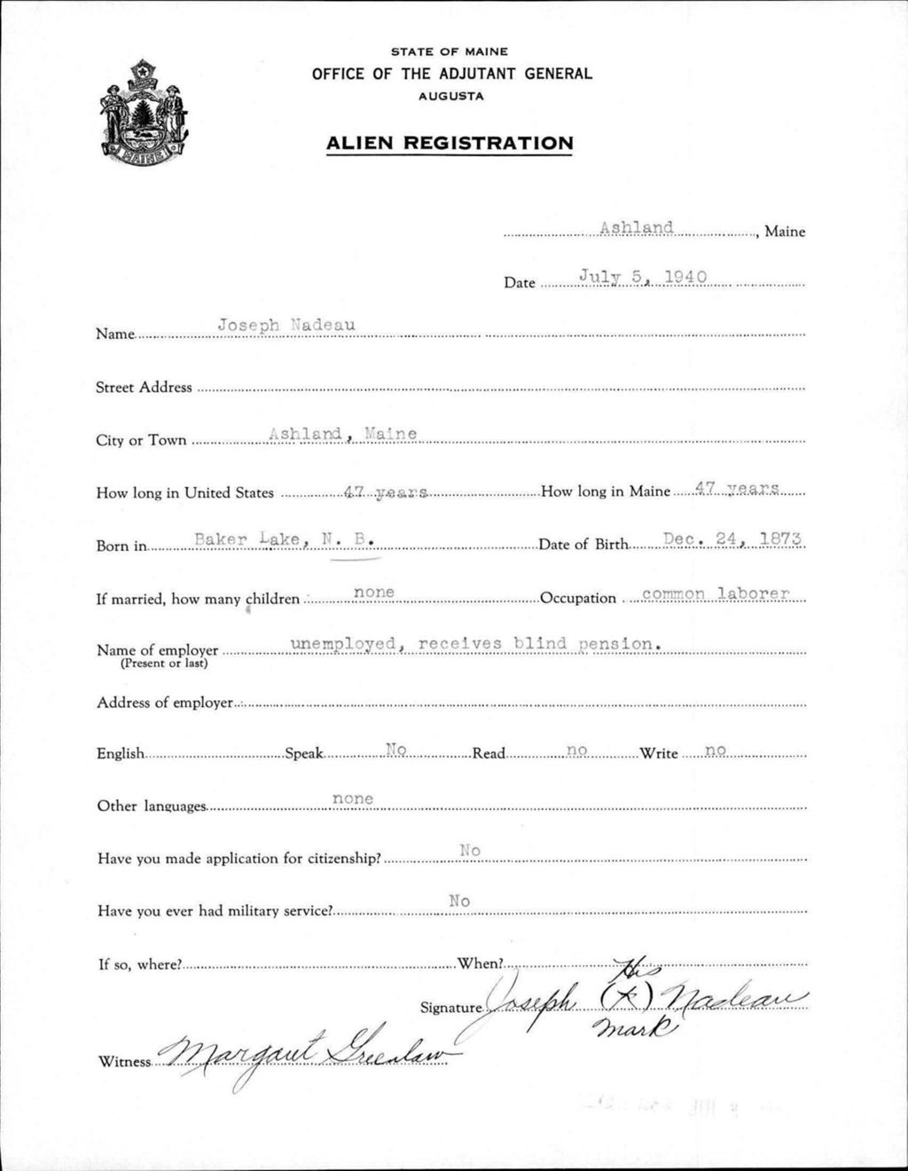 Miniature of Alien Registration- Nadeau, Joseph (Ashland, Aroostook County)