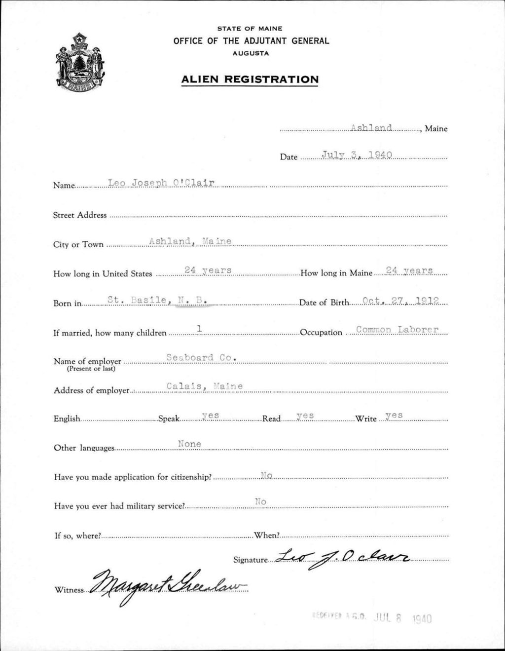 Miniature of Alien Registration- O'Clair, Leo J. (Ashland, Aroostook County)