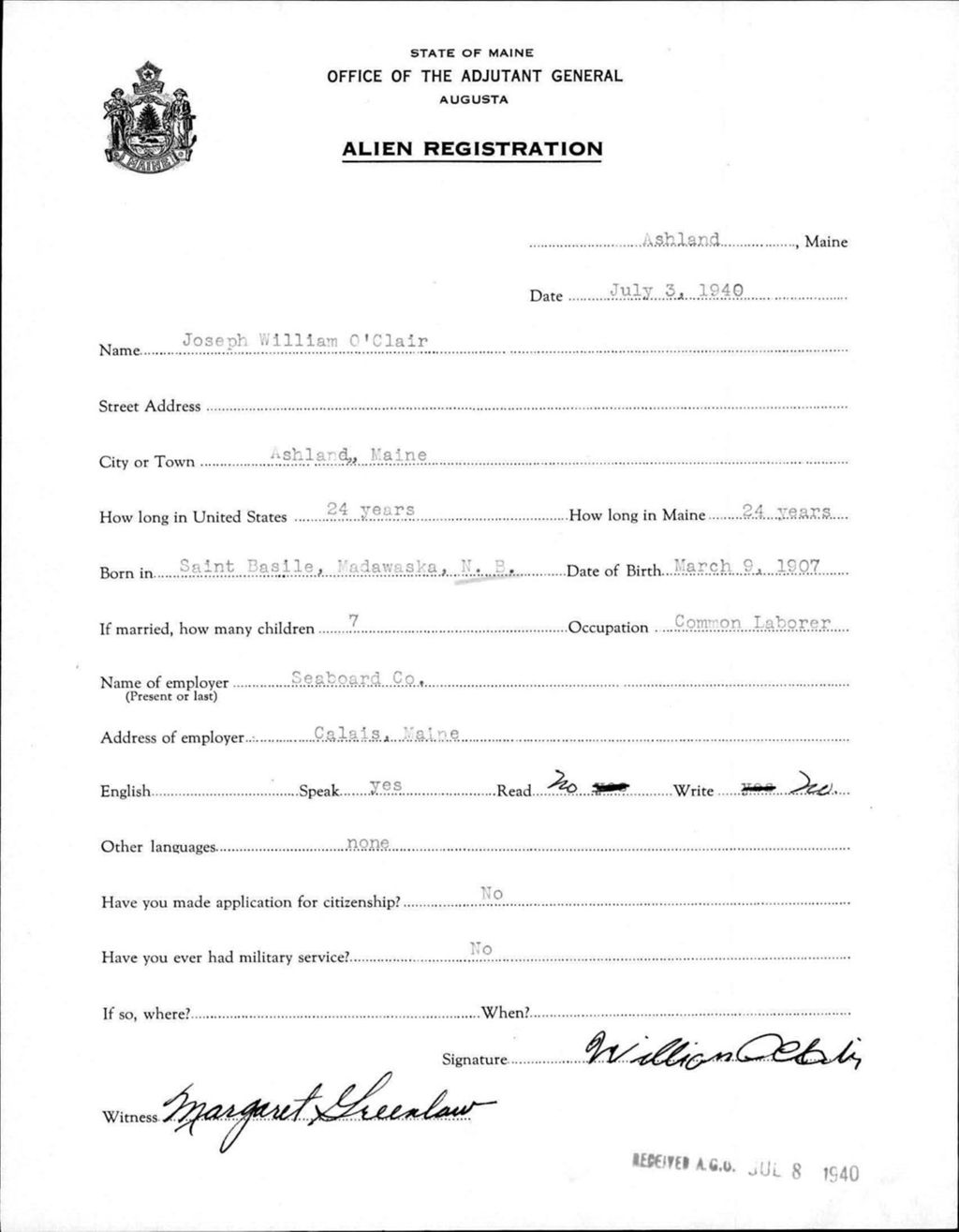 Miniature of Alien Registration- O'Clair, Joseph W. (Ashland, Aroostook County)