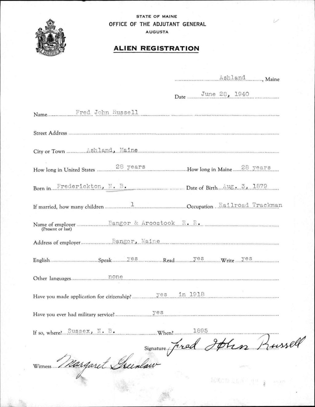 Miniature of Alien Registration- Russell, Fred J. (Ashland, Aroostook County)