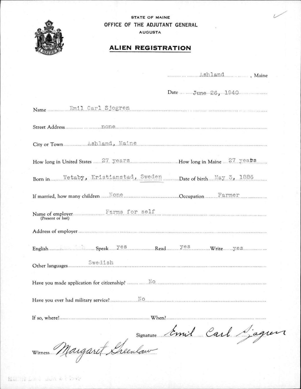 Miniature of Alien Registration- Sjogren, Emil C. (Ashland, Aroostook County)