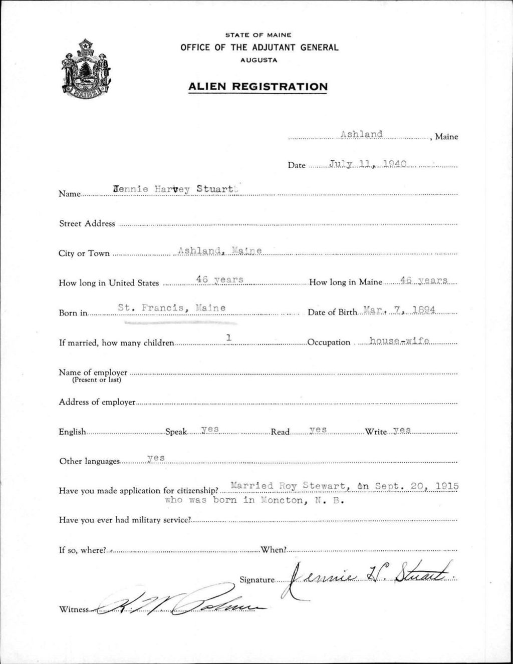 Miniature of Alien Registration- Harvey, Jennie (Ashland, Aroostook County)