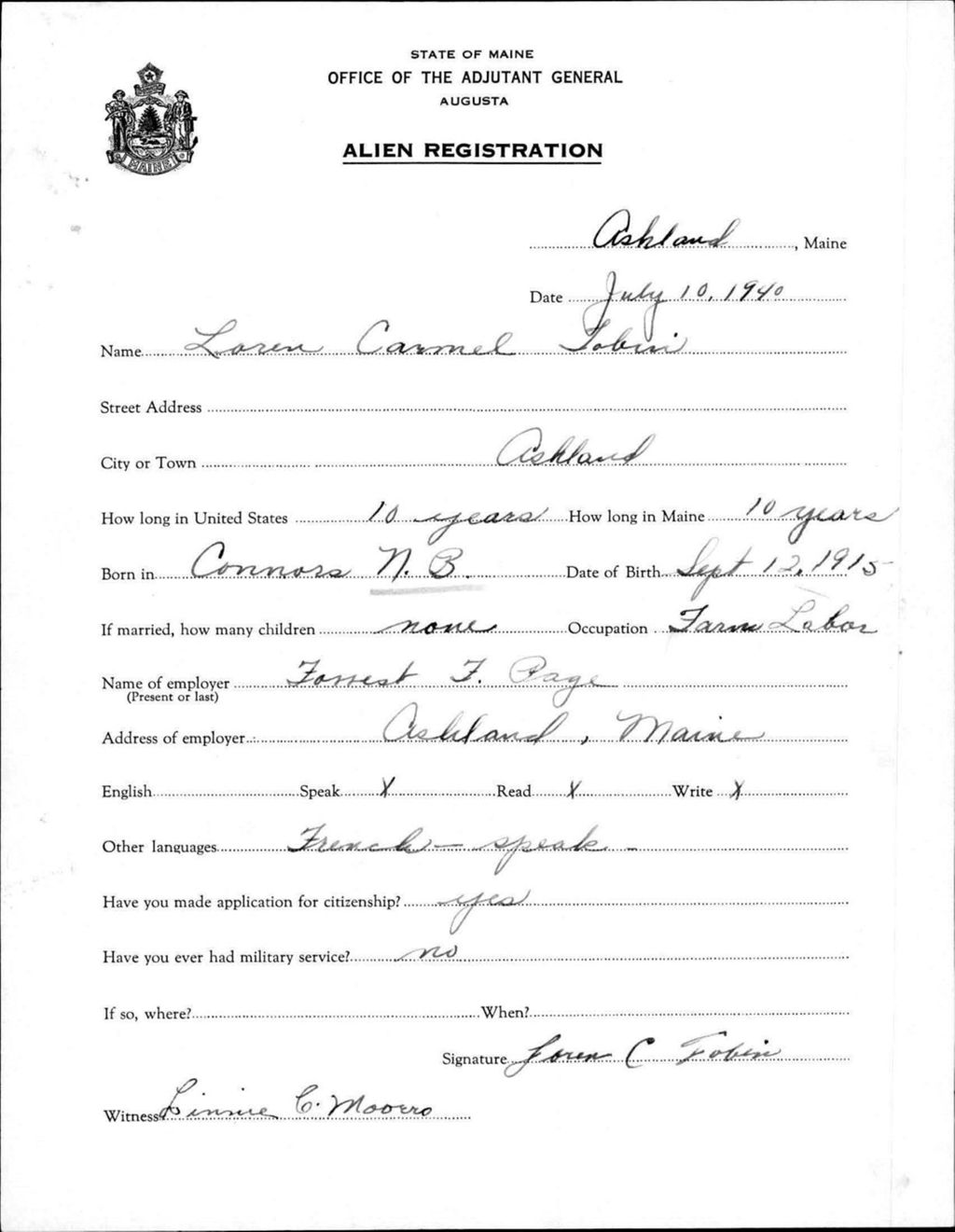 Miniature of Alien Registration- Tobin, Loren C. (Ashland, Aroostook County)