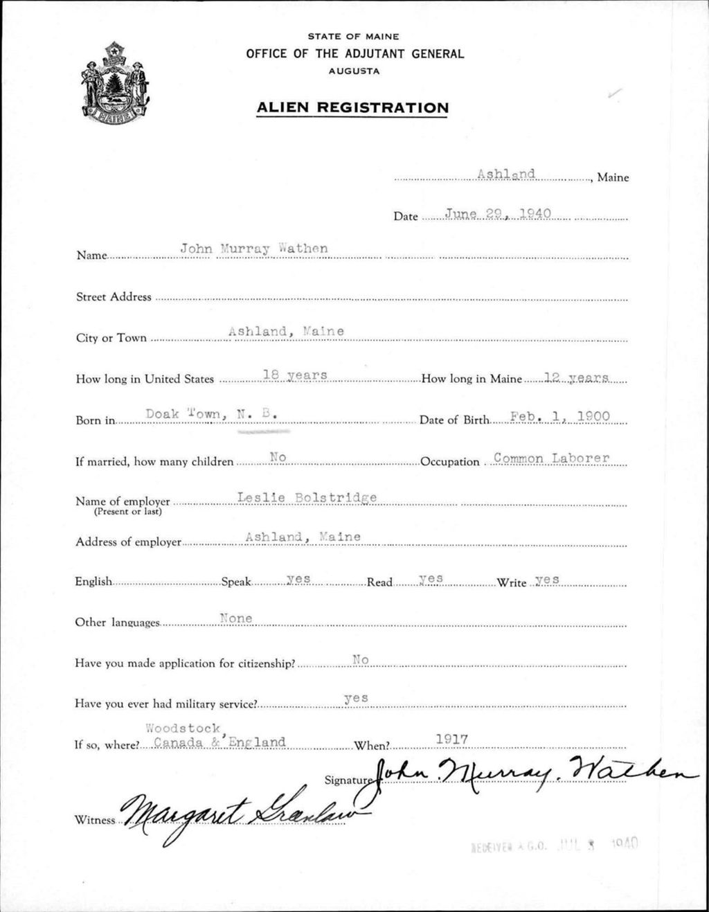 Miniature of Alien Registration- Wathen, John M. (Ashland, Aroostook County)