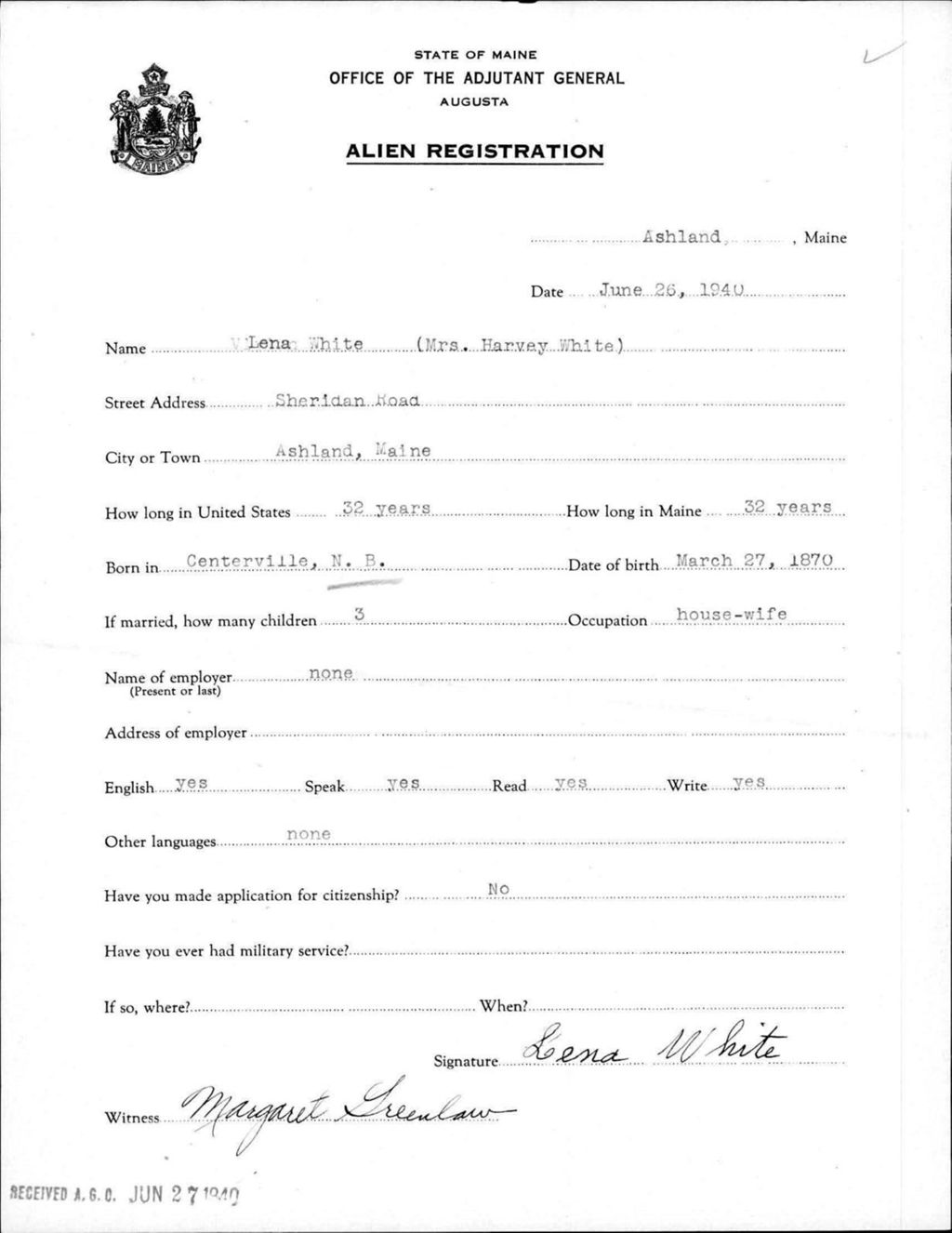 Miniature of Alien Registration- White, Lena (Ashland, Aroostook County)