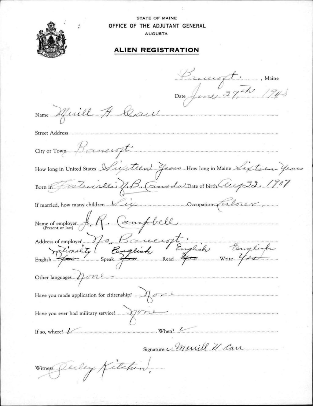 Miniature of Alien Registration- Carr, Merill H. (Bancroft, Aroostook County)