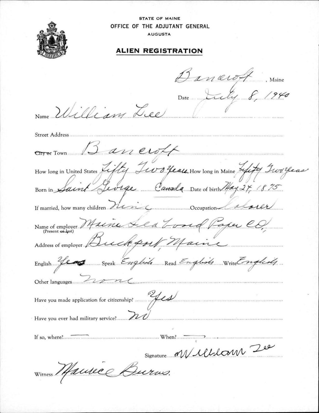 Miniature of Alien Registration- Lee, William (Bancroft, Aroostook County)