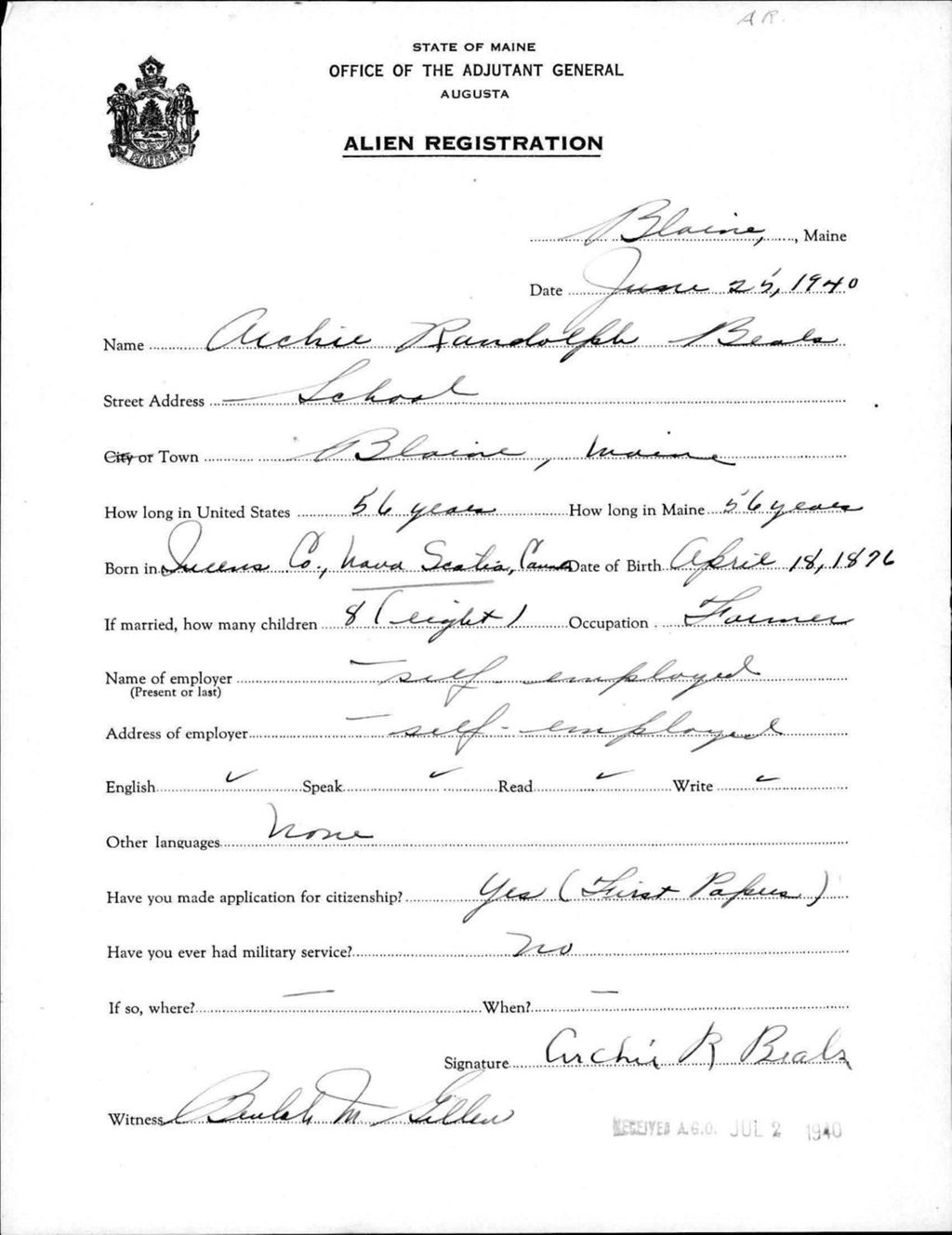 Miniature of Alien Registration- Beals, Archie R. (Blaine, Aroostook County)
