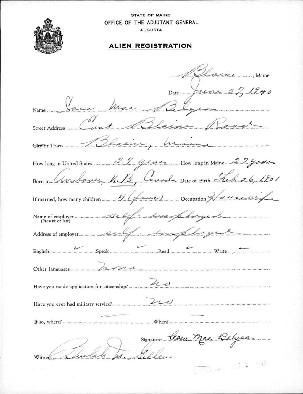 Miniature of Alien Registration- Blyea, Cara M. (Blaine, Aroostook County)
