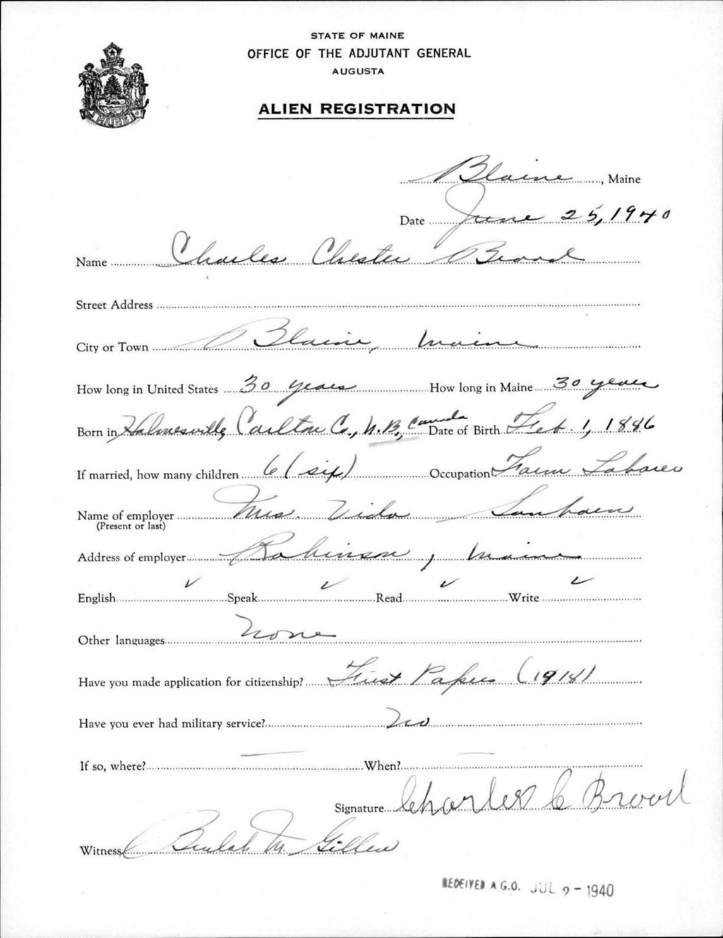 Miniature of Alien Registration- Broad, Charles C. (Blaine, Aroostook County)