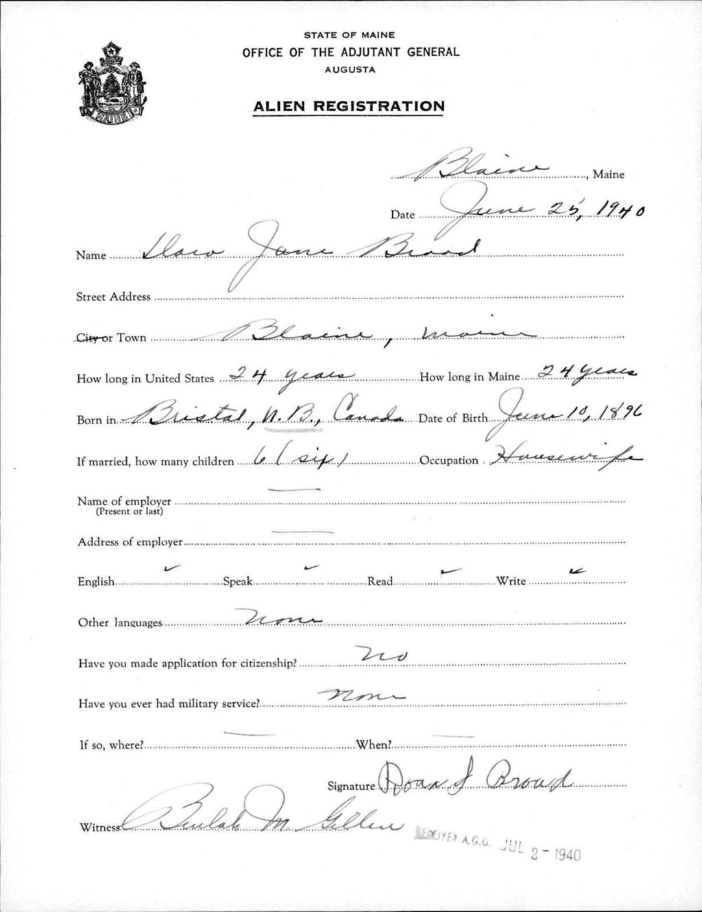 Miniature of Alien Registration- Broad, Dora J. (Blaine, Aroostook County)