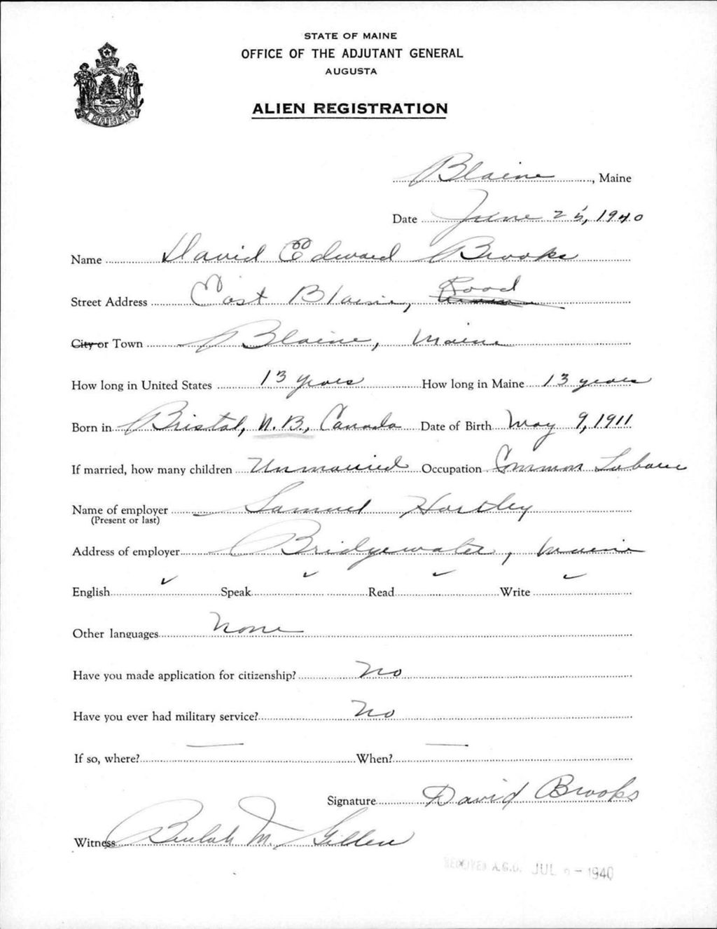 Miniature of Alien Registration- Brooks, David E. (Blaine, Aroostook County)