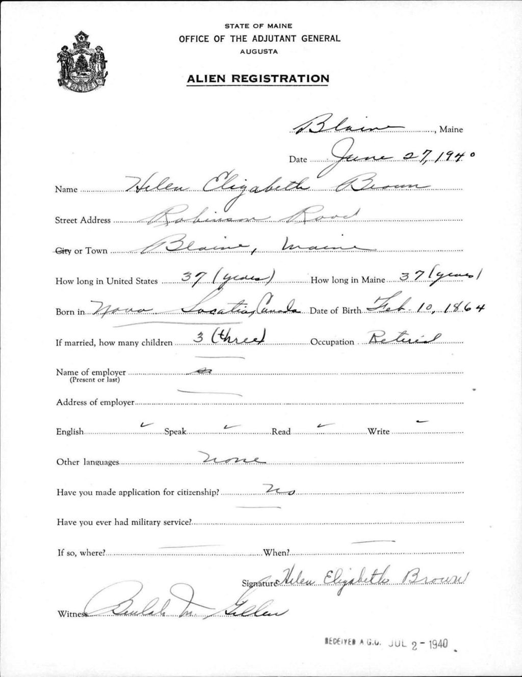 Miniature of Alien Registration- Brown, Helen E. (Blaine, Aroostook County)