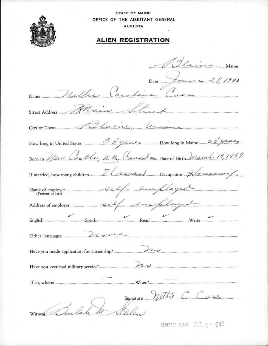 Miniature of Alien Registration- Case, Nettie C. (Blaine, Aroostook County)