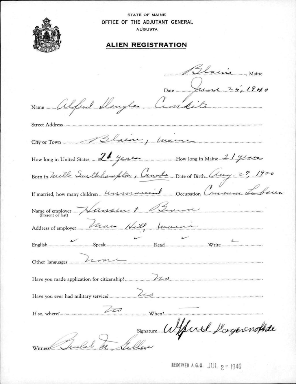 Miniature of Alien Registration- Cronkite, Alfred D. (Blaine, Aroostook County)