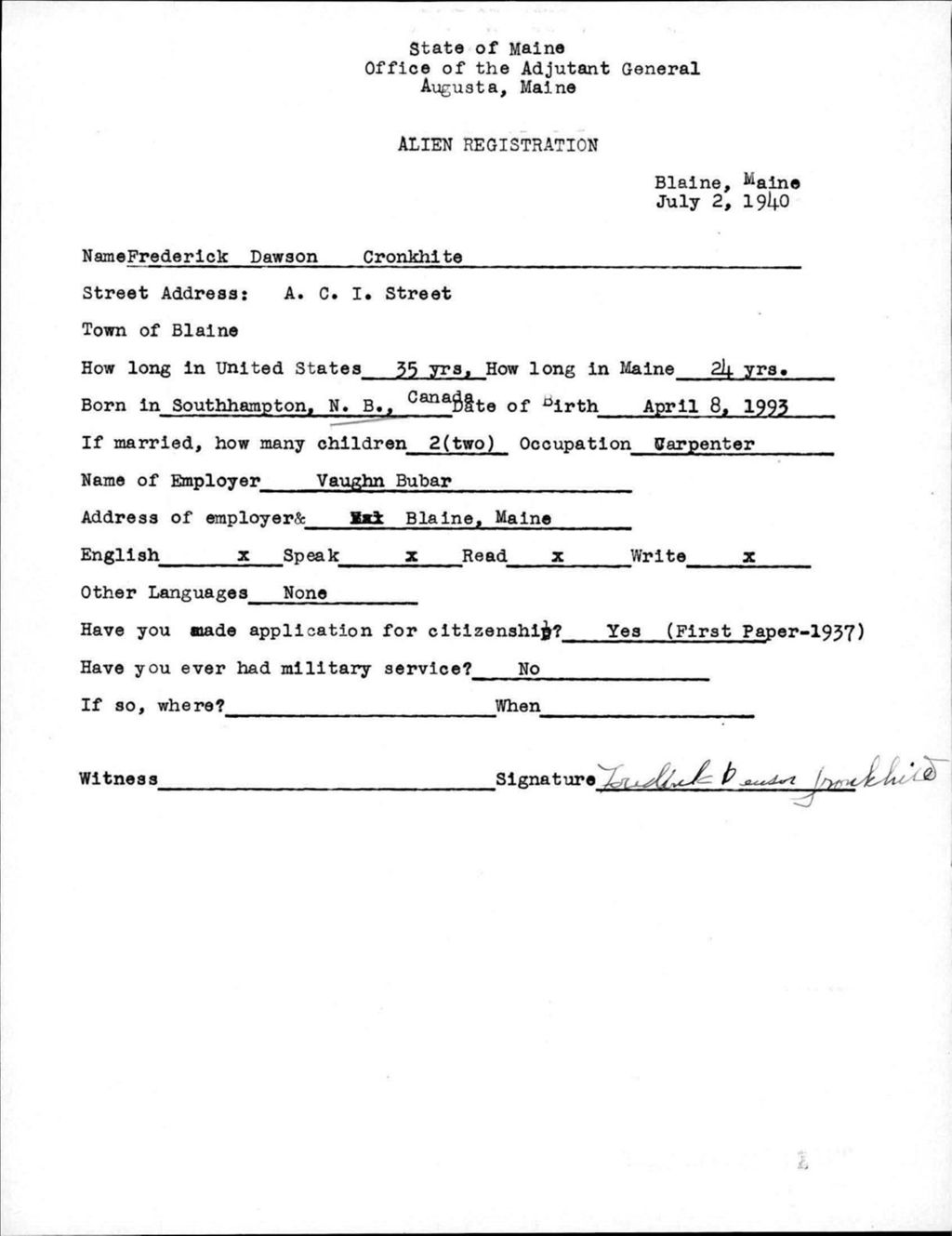 Miniature of Alien Registration- Cronkhite, Frederick D. (Blaine, Aroostook County)