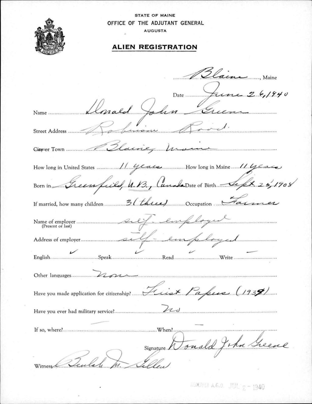 Miniature of Alien Registration- Greene, Donald J. (Blaine, Aroostook County)