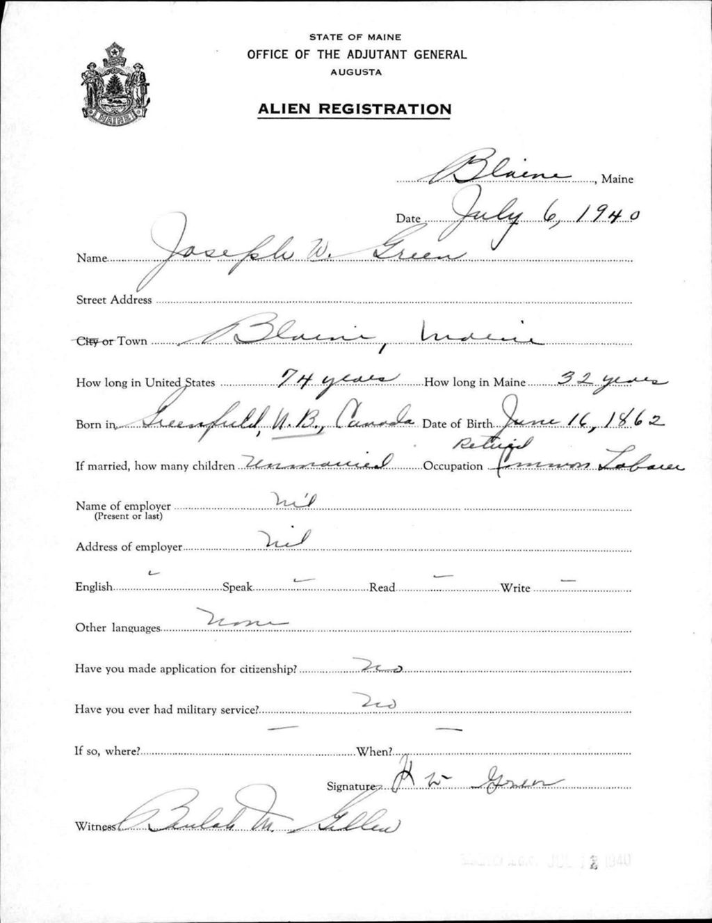 Miniature of Alien Registration- Green, Joseph W. (Blaine, Aroostook County)