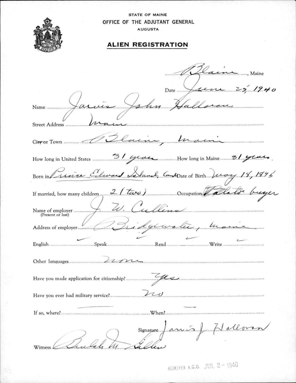 Miniature of Alien Registration- Halloran, Jarvis J. (Blaine, Aroostook County)