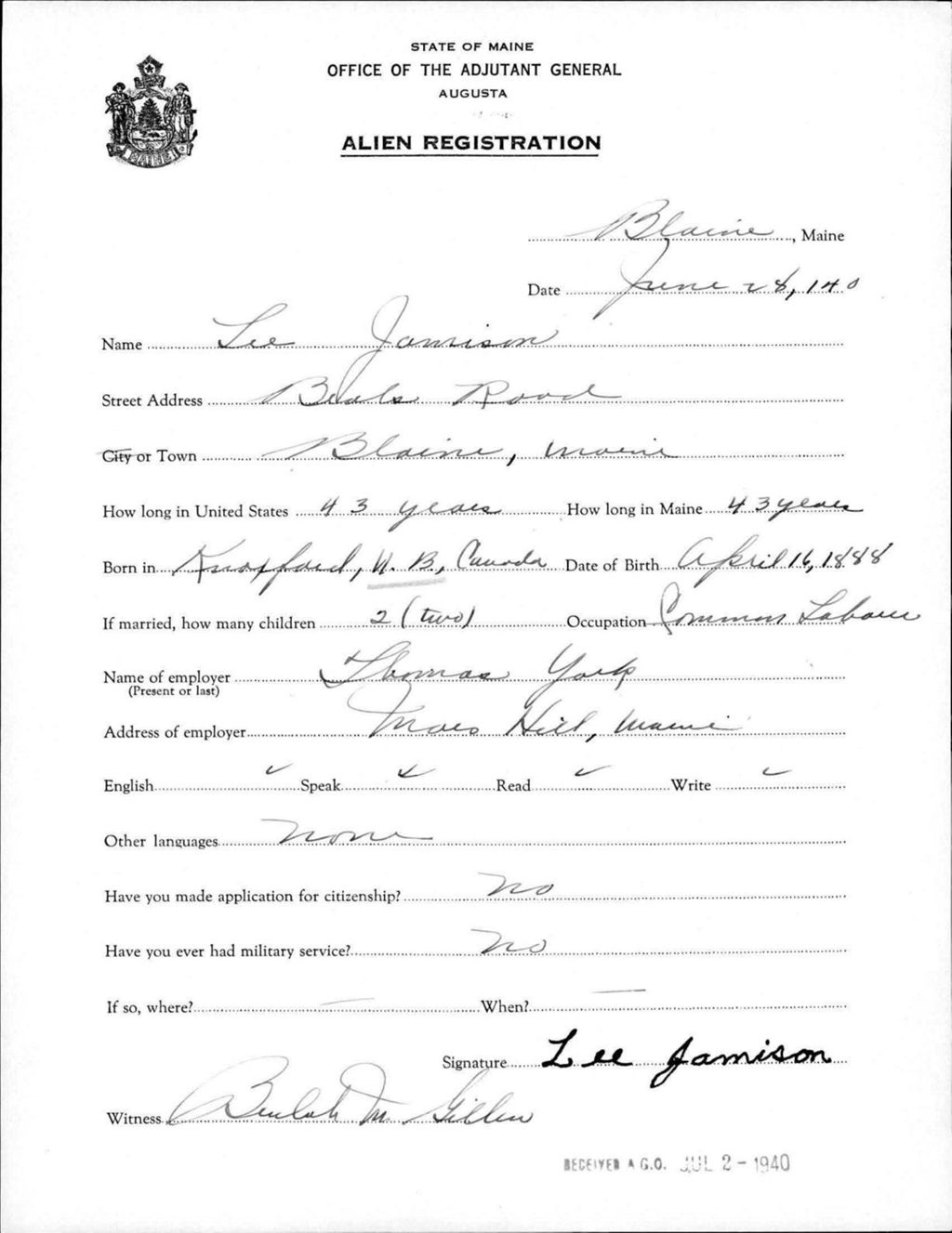 Miniature of Alien Registration- Jamison, Lee (Blaine, Aroostook County)