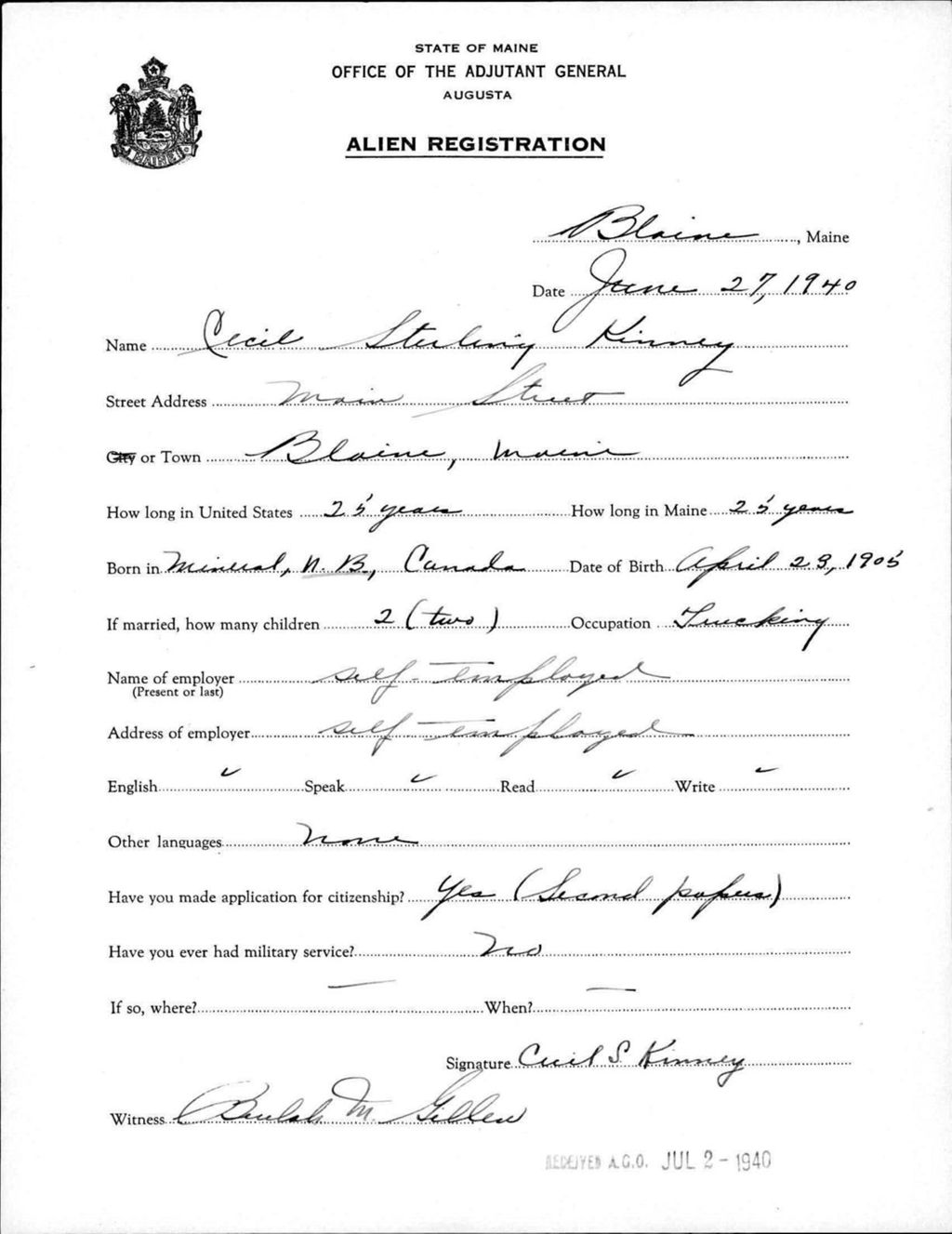 Miniature of Alien Registration- Kinney, Cecil S. (Blaine, Aroostook County)