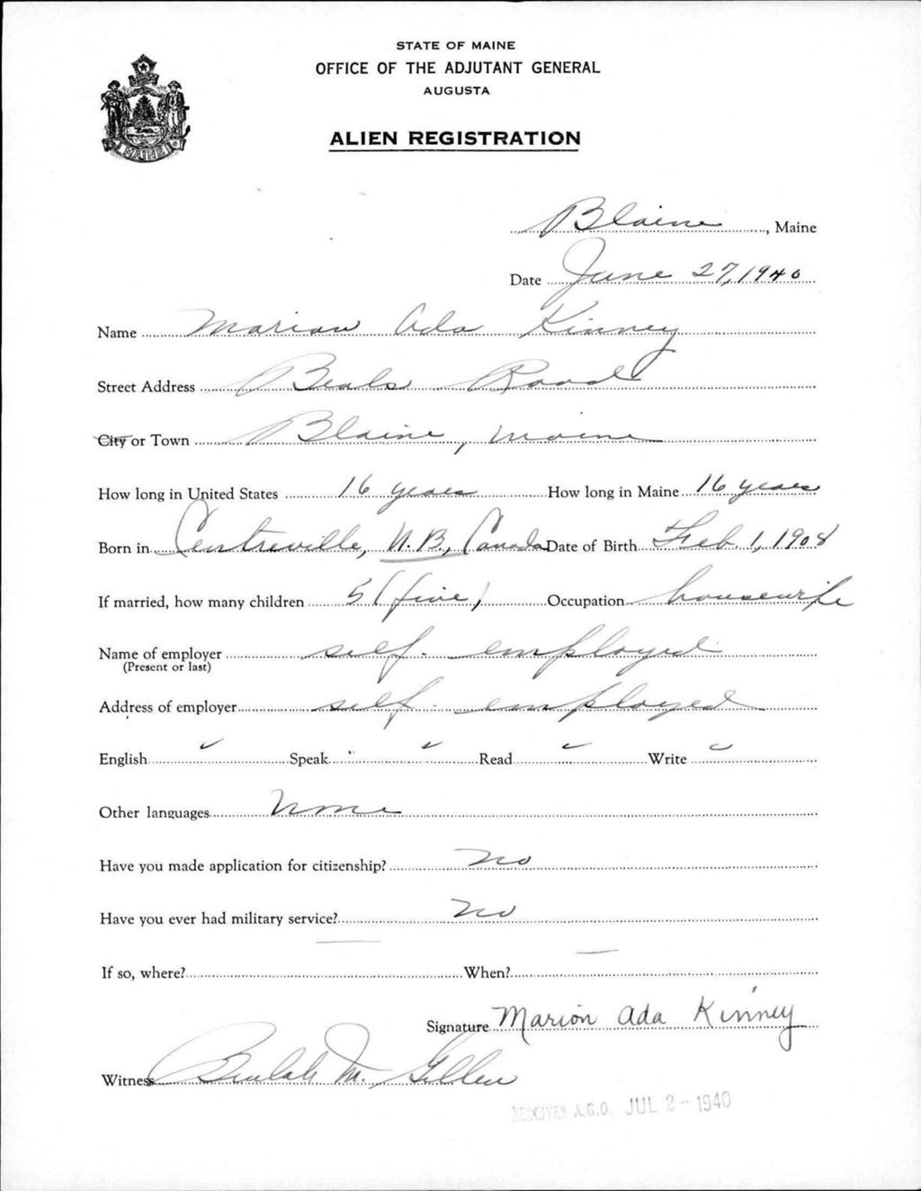 Miniature of Alien Registration- Kinney, Marian A. (Blaine, Aroostook County)
