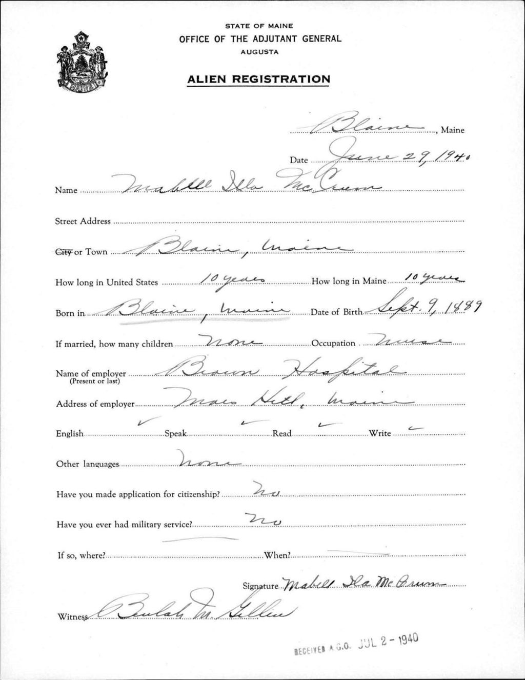 Miniature of Alien Registration- Mccrum, Mabell I. (Blaine, Aroostook County)