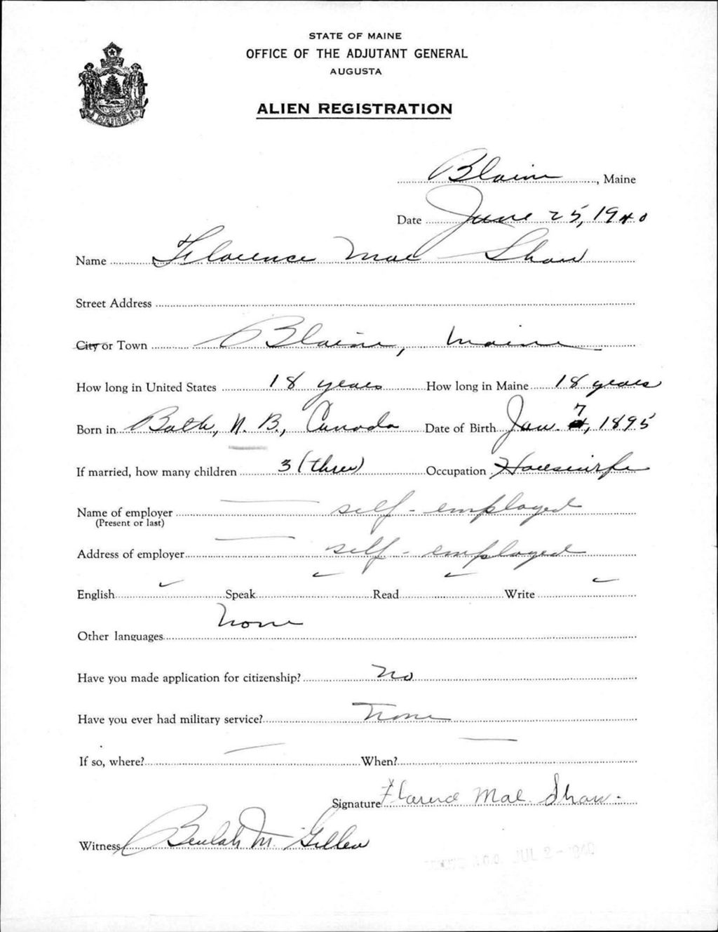 Miniature of Alien Registration- Shaw, Florence M. (Blaine, Aroostook County)