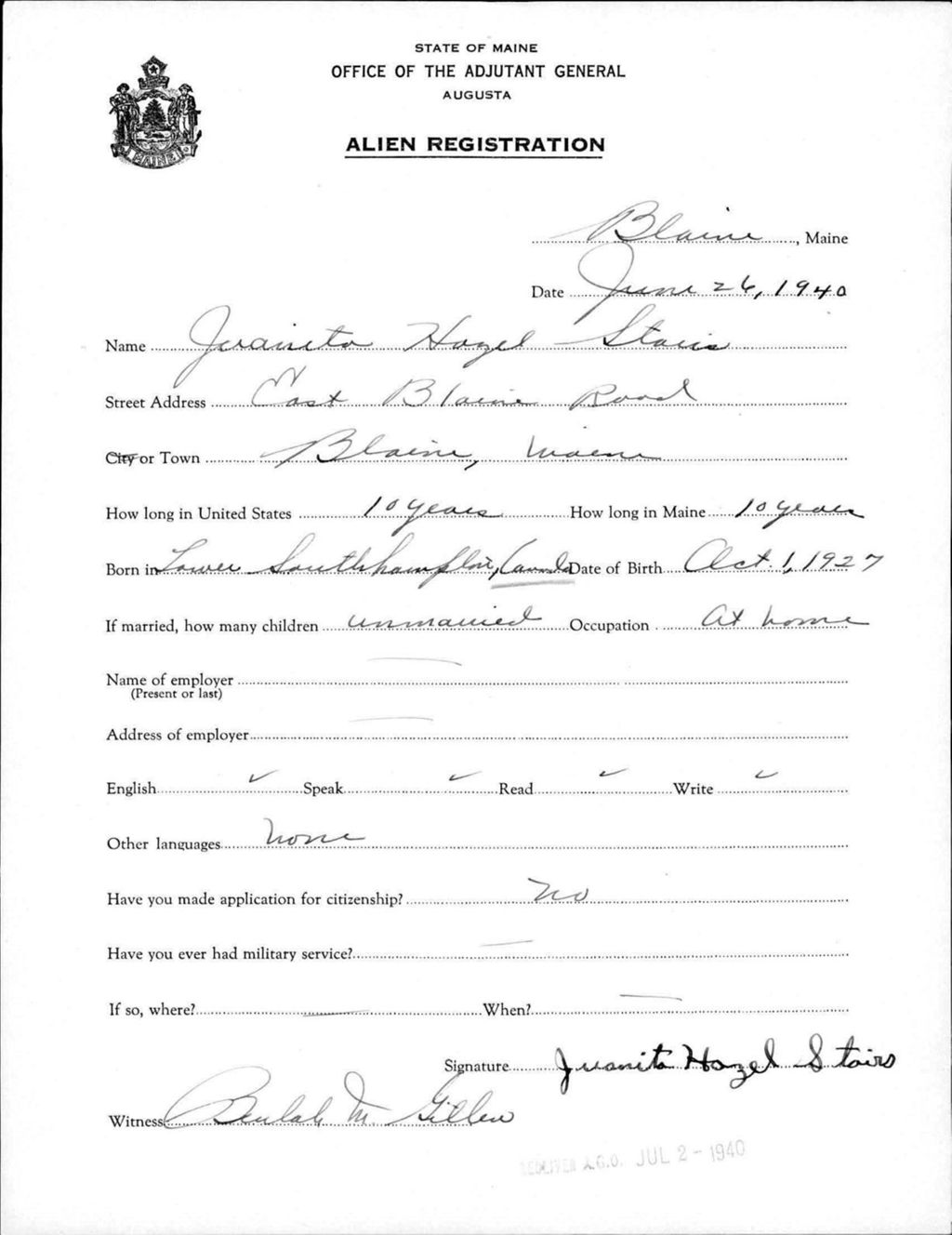 Miniature of Alien Registration- Stairs, Juanita H. (Blaine, Aroostook County)