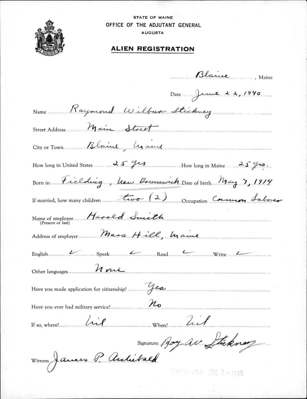 Miniature of Alien Registration- Stickney, Raymond W. (Blaine, Aroostook County)