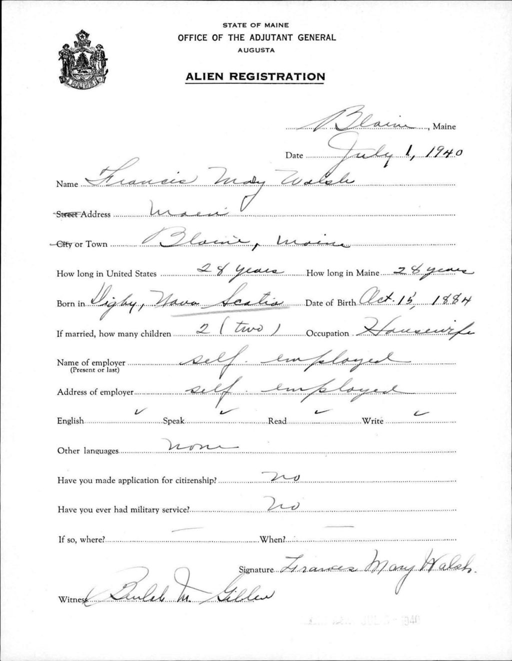 Miniature of Alien Registration- Walsh, Francis M. (Blaine, Aroostook County)