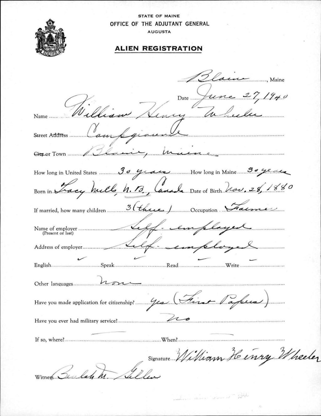 Miniature of Alien Registration- Wheeler, William H. (Blaine, Aroostook County)