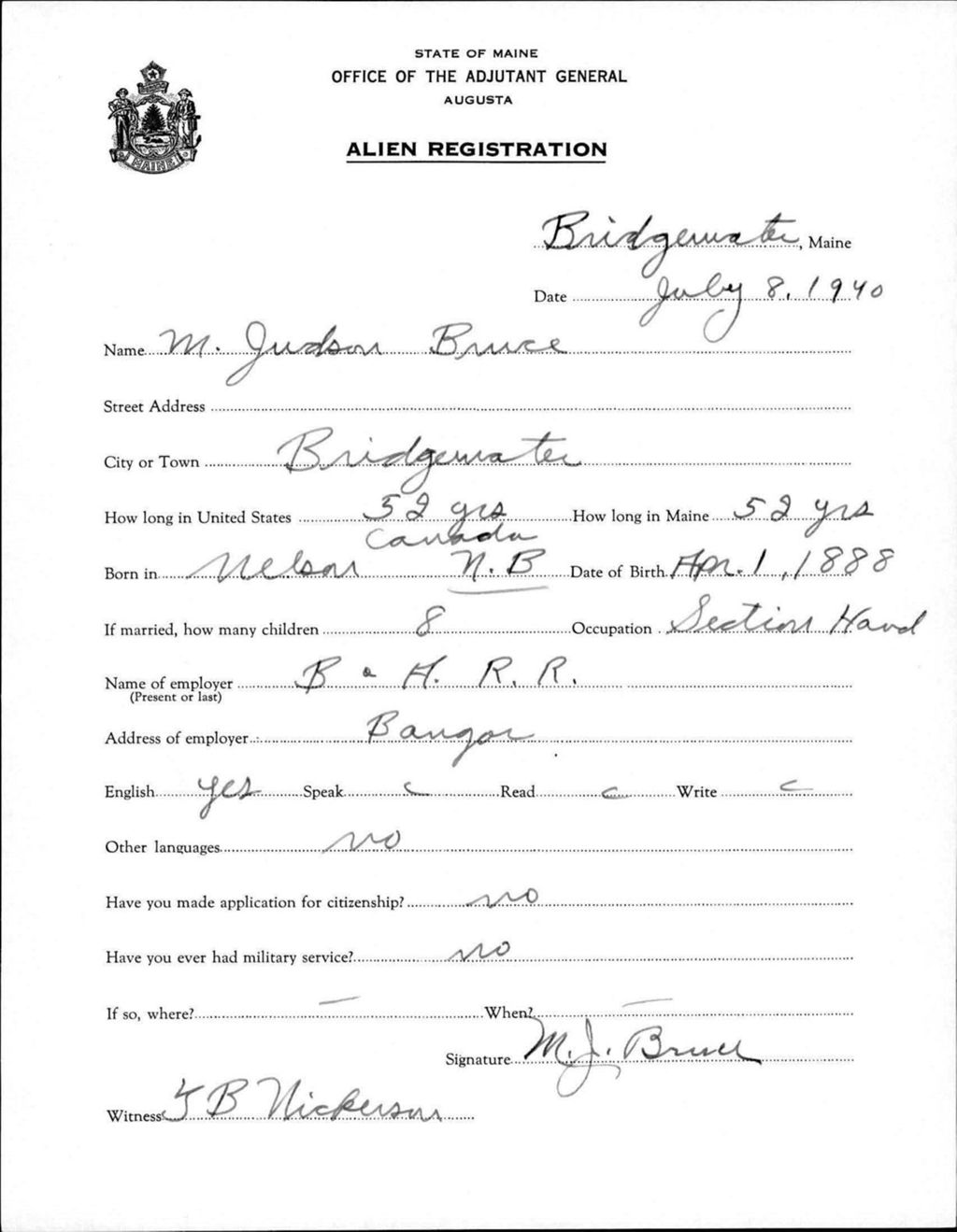 Miniature of Alien Registration- Bruce, M. Judson (Bridgewater, Aroostook County)