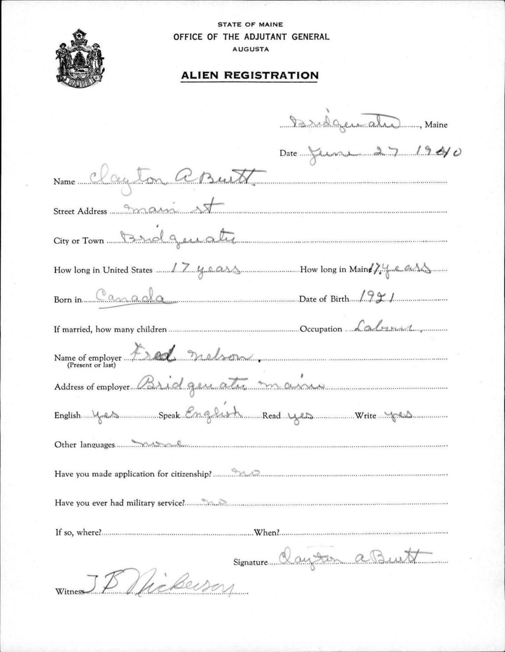 Miniature of Alien Registration- Burtt, Clayton A. (Bridgewater, Aroostook County)