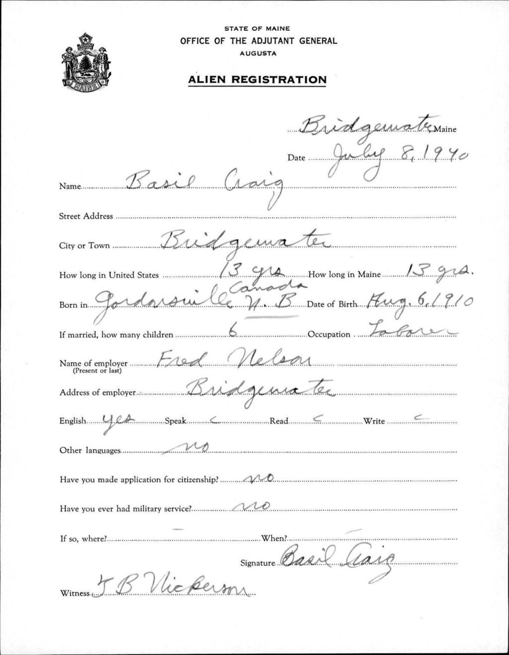 Miniature of Alien Registration- Craig, Basil (Bridgewater, Aroostook County)