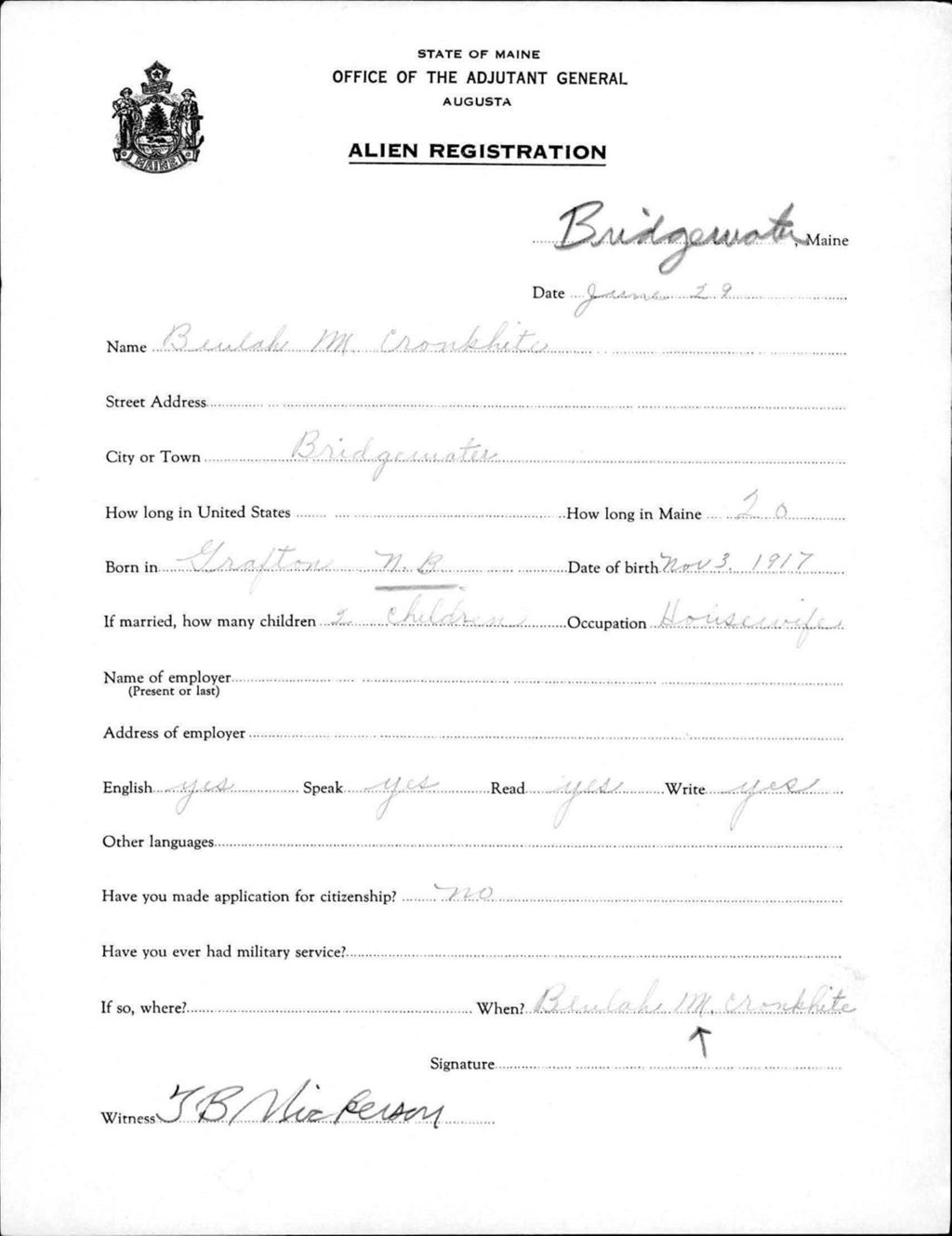 Miniature of Alien Registration- Cronkhite, Beulah M. (Bridgewater, Aroostook County)