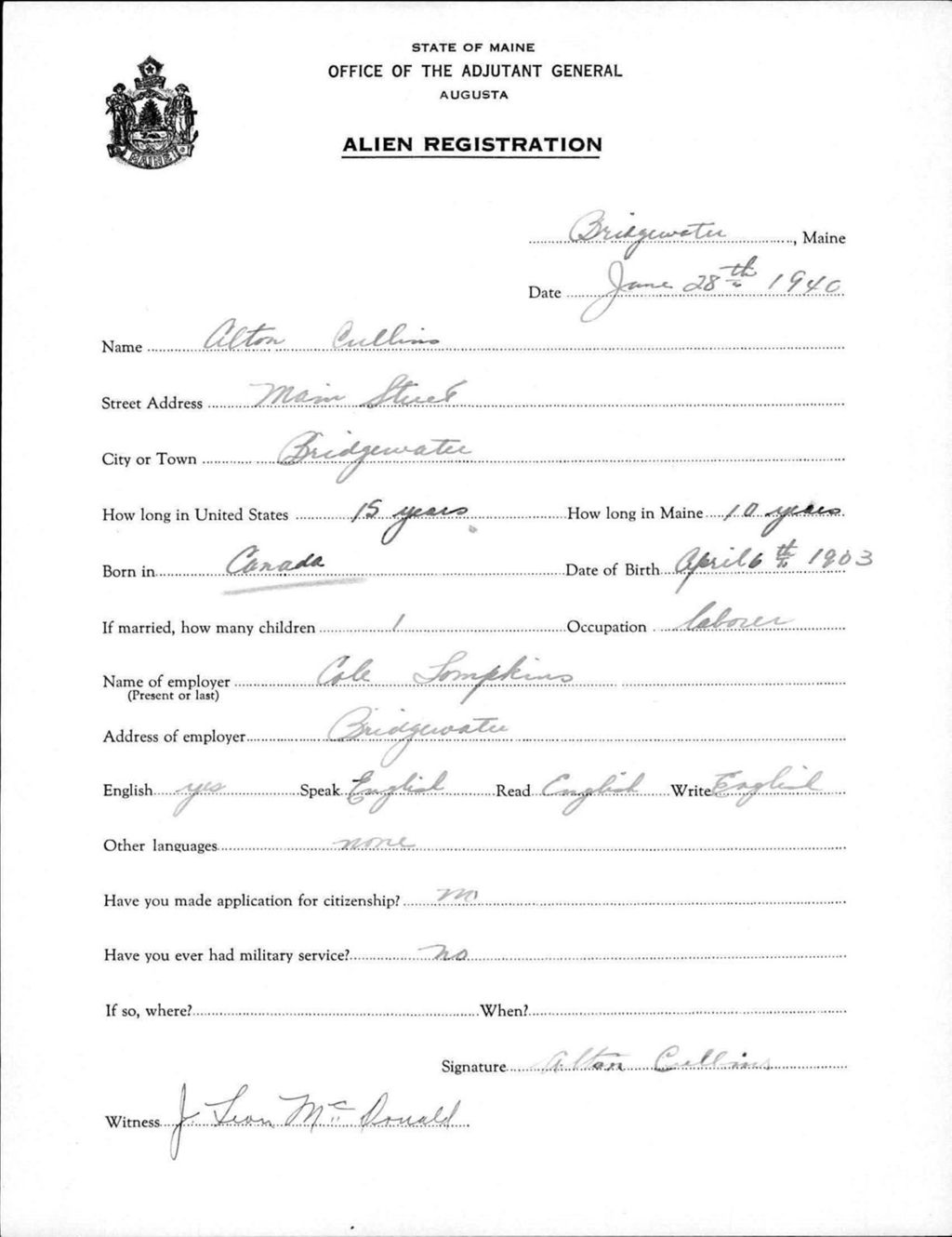 Miniature of Alien Registration- Cullins, Alton (Bridgewater, Aroostook County)