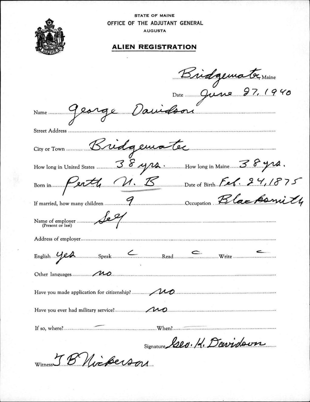 Miniature of Alien Registration- Davidson, George (Bridgewater, Aroostook County)