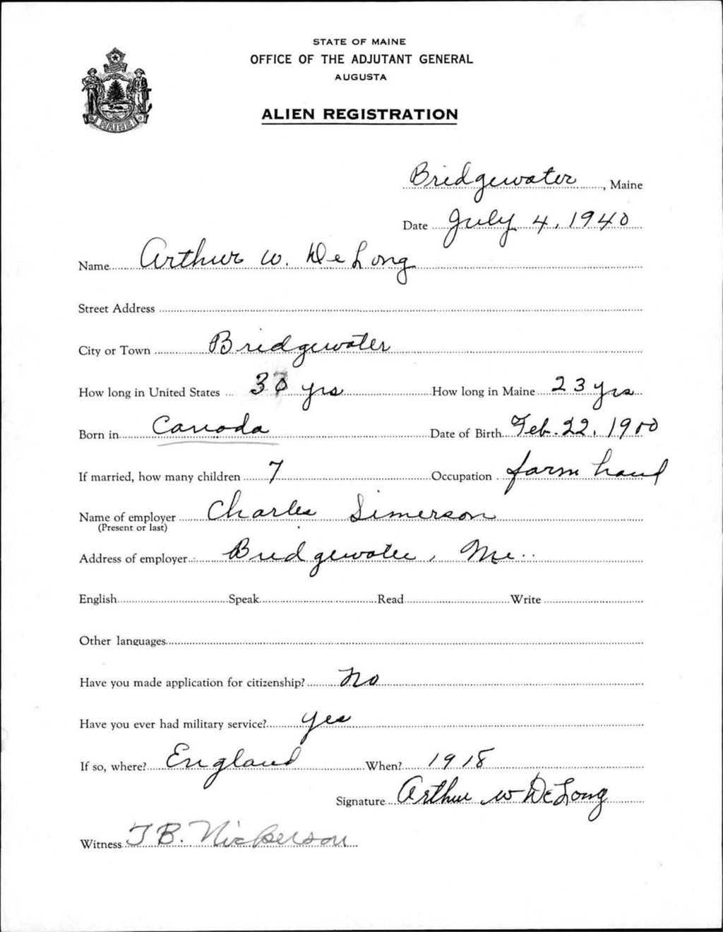 Miniature of Alien Registration- Delong, Arthur W. (Bridgewater, Aroostook County)