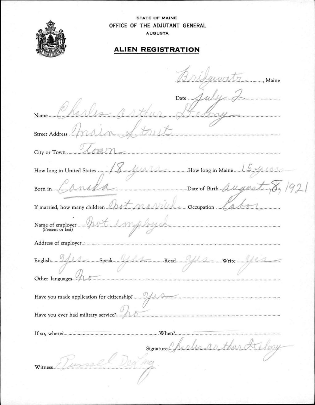 Miniature of Alien Registration- Delong, Charles A. (Bridgewater, Aroostook County)