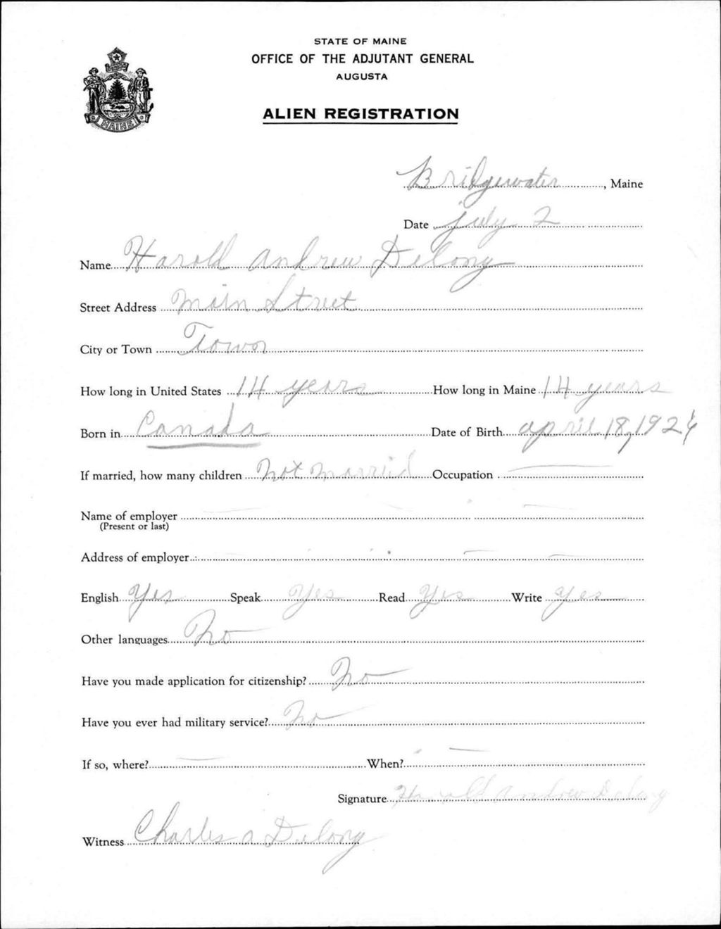 Miniature of Alien Registration- Delong, Harold A. (Bridgewater, Aroostook County)