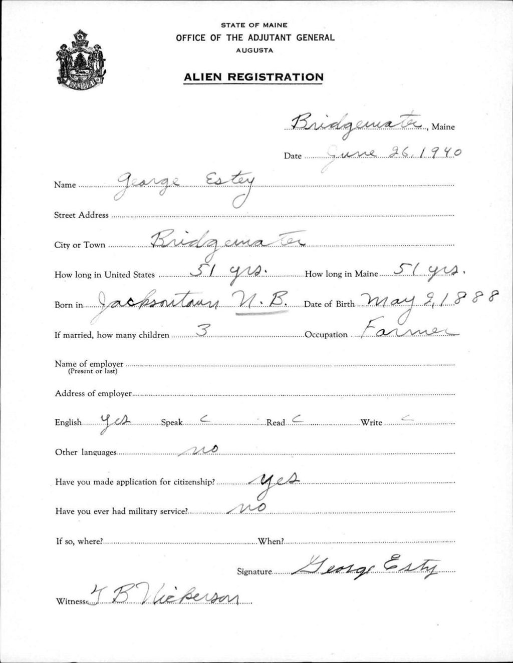 Miniature of Alien Registration- Estey, George (Bridgewater, Aroostook County)